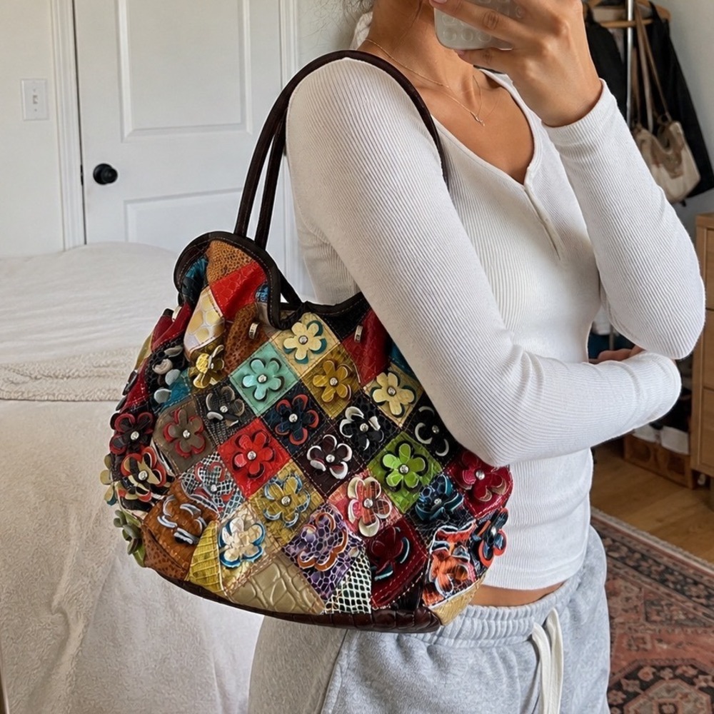 Vintage Y2K Handmade Patchwork Floral Satchel Bag Multi Color Embossed Leather